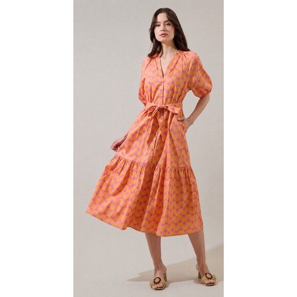 Sugarlips Dresses & Skirts - 100% Cotton Women’s XL Orange/Purple Floral Midi Puff Sleeve Pocket by Sugarlips